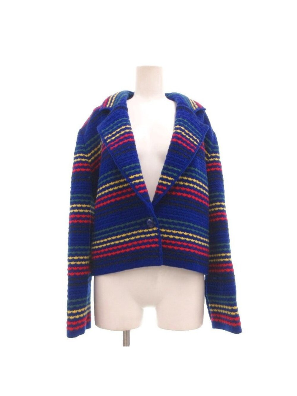 Saint Laurent Knit Jacket Multi Border Wool Thick Collar Blue M